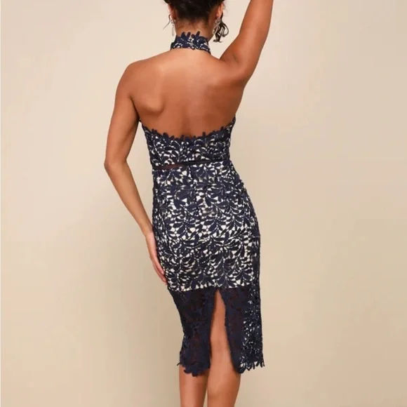 Lulu's Blue Sequin Halter Sheath Midi Dress - Picture 4 of 4